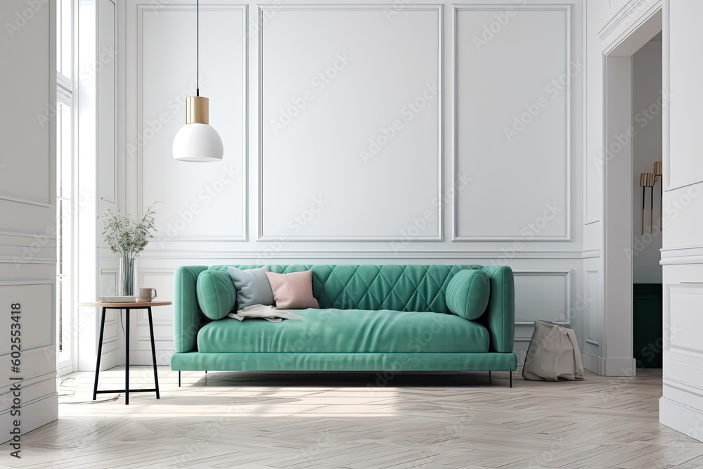 Poster frontal view of mint sofa with a pots with plants, table and lamp against gray wall with boiserie an