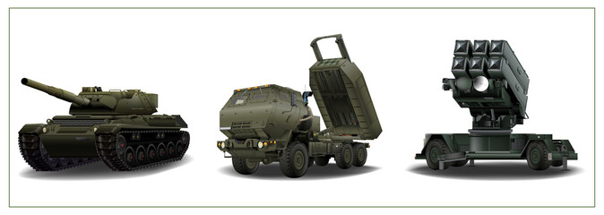 Military vehicles SET. HIMARS, Main battle tank, Air defense system in realistic style. Detailed PNG colorful illustration.
