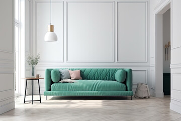 Frontal view of mint sofa with a pots with plants, table and lamp against gray wall with boiserie and big window at hallway, created with Generative AI