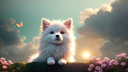 Obraz premium Cute white spitz against the background of dawn. Flowering meadow on background, open space. Cute pet 