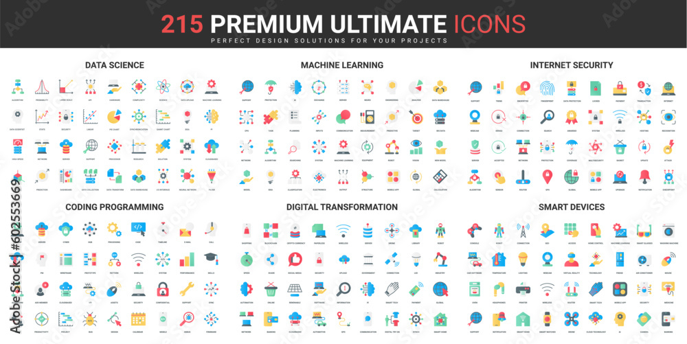 Aufkleber Science digital technology and hightech smart devices color flat icons set vector illustration. Abstract innovation pictograms with AI control and automation, simple design for mobile and web apps