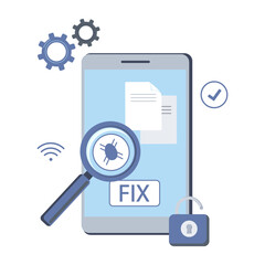 Fixing smartphone Cleaning device from viruses Security and unlocking vector illustration design