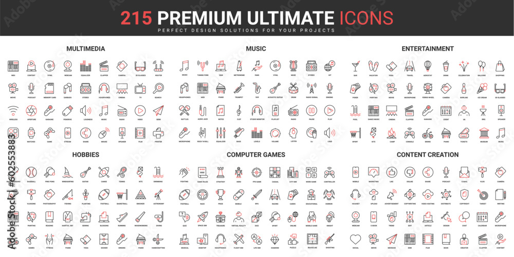 Aufkleber multimedia content creation, music and entertainment thin line red black icons set vector illustrati