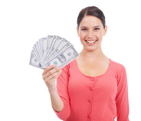 Fototapeta premium Finance, money and success with portrait of woman in studio mockup for investment, winner and growth. Cash, dollar and wow with customer isolated on white background for financial, deal and promotion