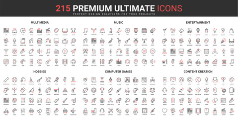 Multimedia content creation, music and entertainment thin line red black icons set vector illustration. Abstract symbols of hobby activity and computer games, sport simple design mobile and web apps