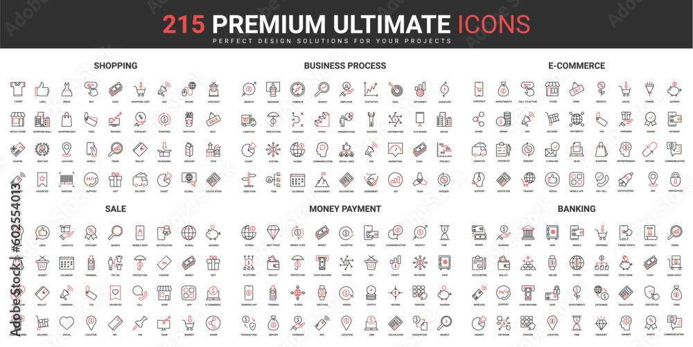 Poster banking, money payment, sales of ecommerce thin line red black icons set vector illustration. abstra
