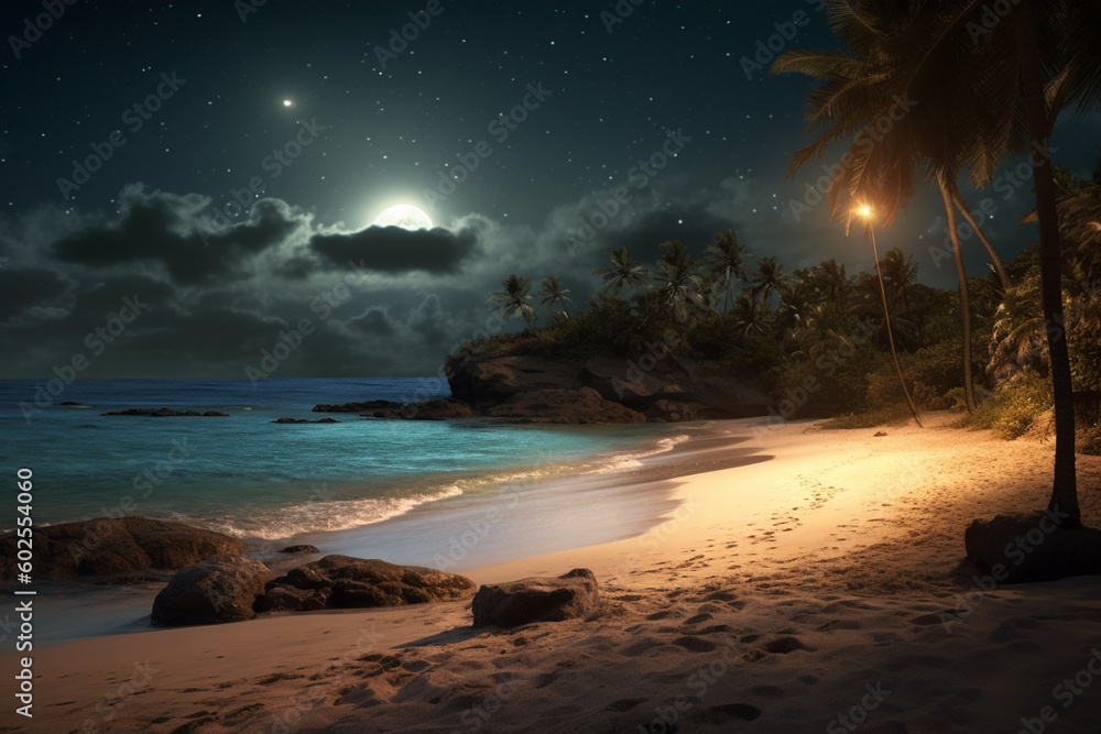 Poster an enchanting beach at night with a crescent moon and a star-filled sky above. generative ai technol