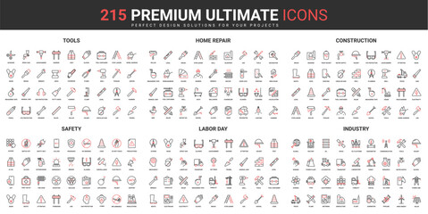 Tools and equipment for home repair and building construction thin line red black icons set vector illustration. Abstract symbols labor day, safety in industry simple design for mobile and web apps
