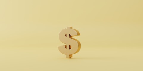 Gold dollar sign on yellow background for currency exchange and money transfer concept, dollar is main money of United States of America and some other countries with 3d rendering.