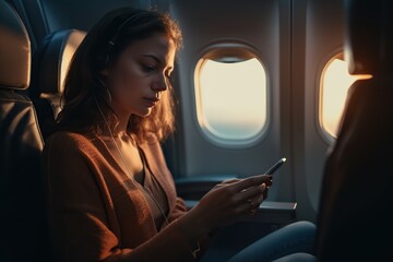 Woman checking her cell phone while flying in an airplane. Generative AI
