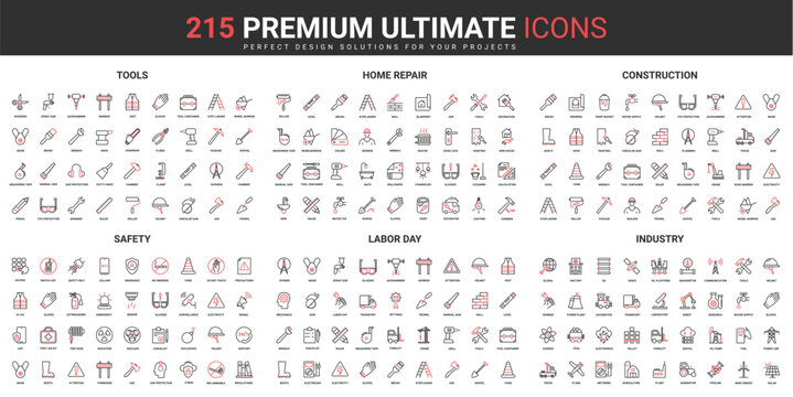 Tools and equipment for home repair and building construction thin line red black icons set vector illustration. Abstract symbols labor day, safety in industry simple design for mobile and web apps