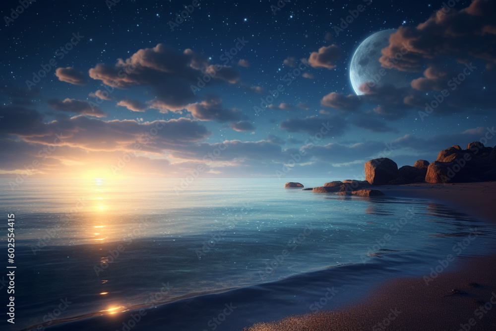 Fototapete a serene ocean view with a crescent moon and starry sky in the background. generative ai technology