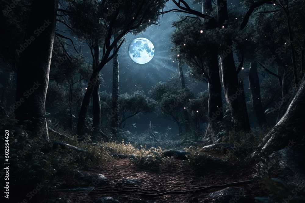 Aufkleber a dreamy forest with a glowing full moon and stars peeping through the branches. generative ai techn