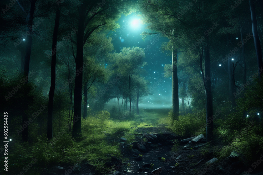 Poster a dreamy forest with a glowing full moon and stars peeping through the branches. generative ai techn
