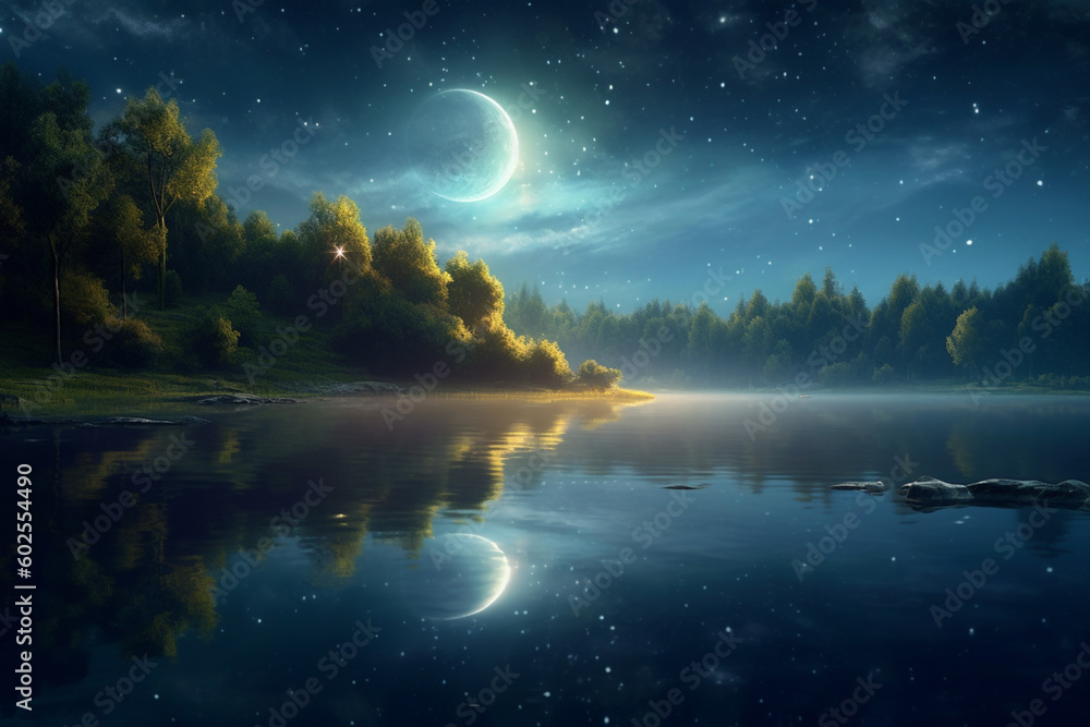 Poster a mystical lake with a crescent moon and stars twinkling overhead. generative ai technology