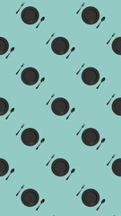 pattern. kitchen utensils on a pastel green blue background. fork, spoon, plate. Template for surface application. Flat lay. Vertical image. 3D image. 3D rendering.