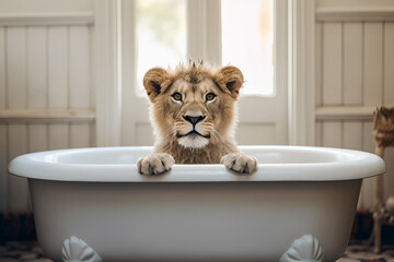 lion sitting in bathtub, ai generated
