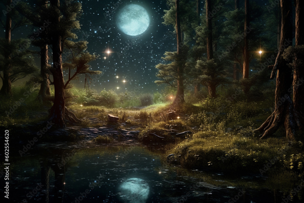 Fototapete A mesmerizing forest with a full moon and stars casting a spellbinding glow.  Generative AI technology