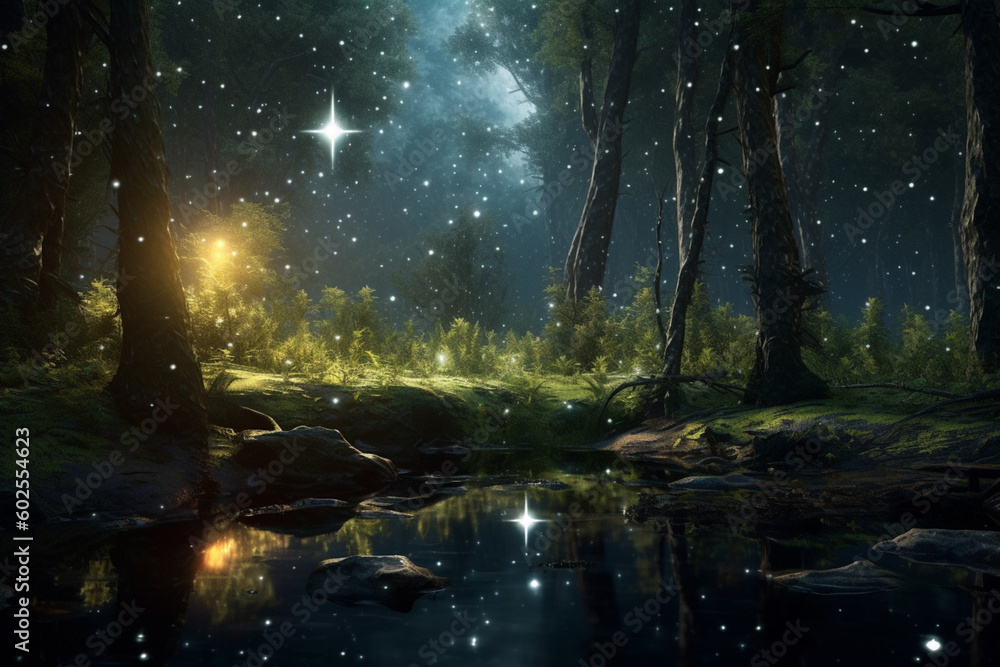Aufkleber A mesmerizing forest with a full moon and stars casting a spellbinding glow.  Generative AI technology