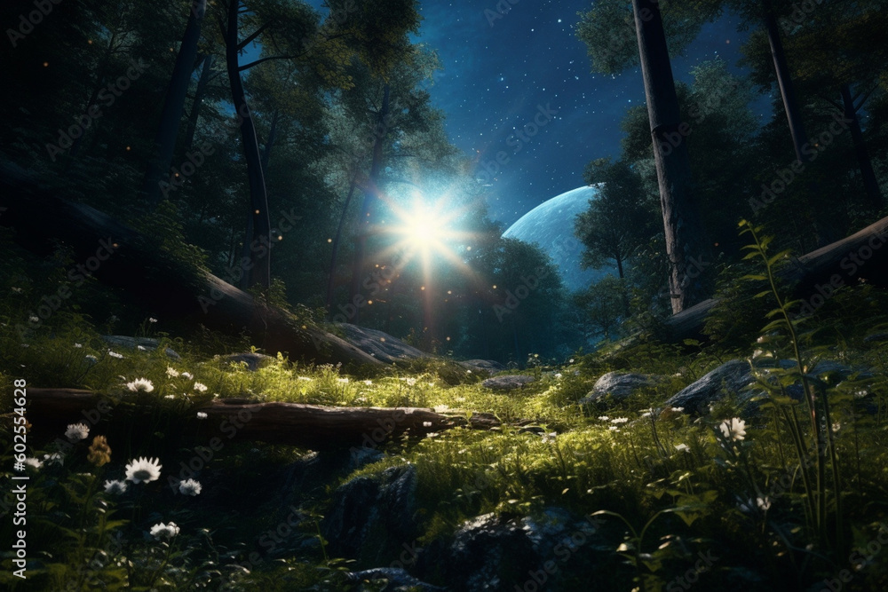 Aufkleber a mesmerizing forest with a full moon and stars casting a spellbinding glow. generative ai technolog