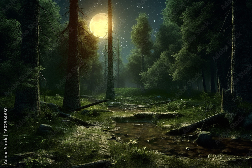 Poster a mesmerizing forest with a full moon and stars casting a spellbinding glow. generative ai technolog