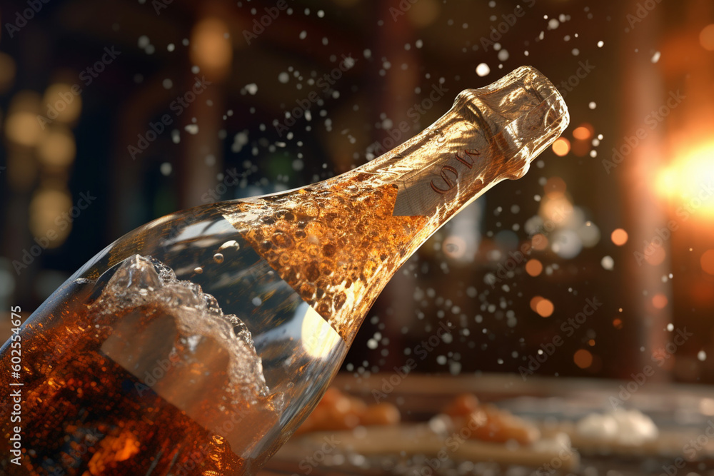 Poster a sparkling wine bottle being uncorked, capturing the celebration and effervescence. generative ai t