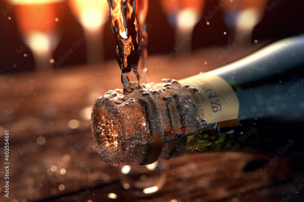 Poster a sparkling wine bottle being uncorked, capturing the celebration and effervescence. generative ai t