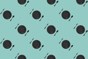 pattern. kitchen utensils on a pastel green blue background. fork, spoon, plate. Template for surface application. Flat lay. Horizontal image. 3D image. 3D rendering.