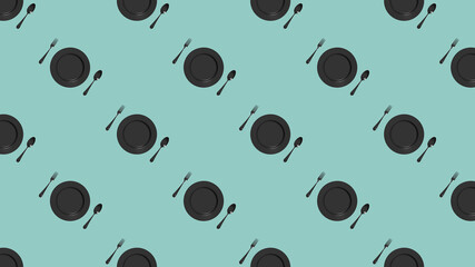 pattern. kitchen utensils on a pastel green blue background. fork, spoon, plate. Template for surface application. Flat lay. Horizontal image. 3D image. 3D rendering.