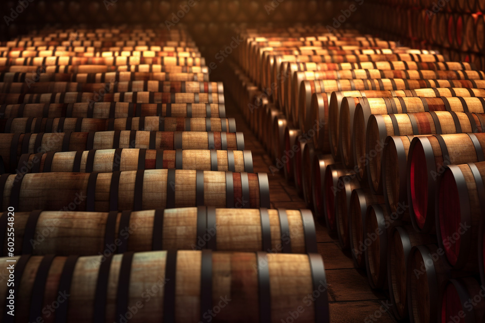 Aufkleber Wine barrels stacked in a cellar, creating a visually appealing pattern and showcasing the quantity of wine produced.  Generative AI technology