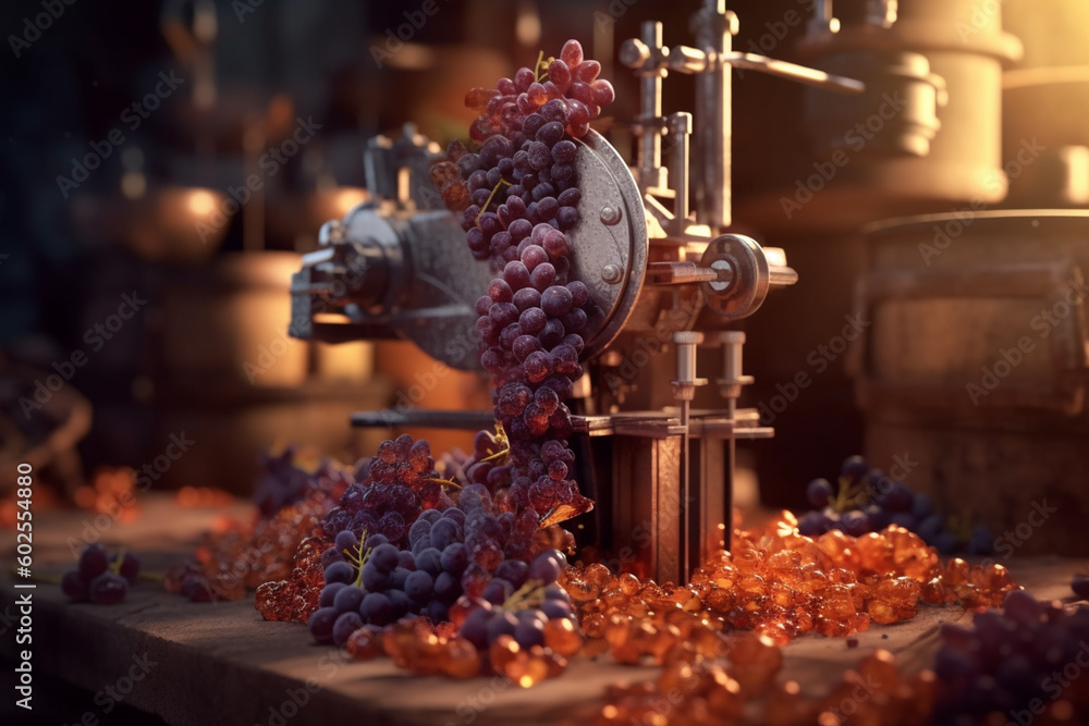 Poster A wine press extracting juice from grapes, showcasing the mechanical process of winemaking. Generative AI technology