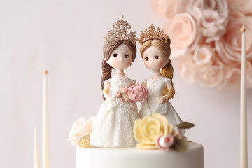 Obraz na płótnie Canvas Cute Wedding cake topper with two brides. Gay marriage concept. Generative AI illustration