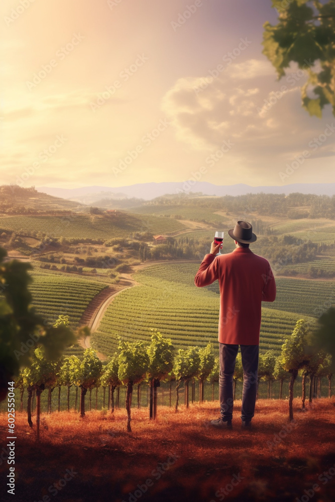 Poster A winemaker holding a glass of red wine against a backdrop of vineyards, representing the connection between the land and the final product. Generative AI technology