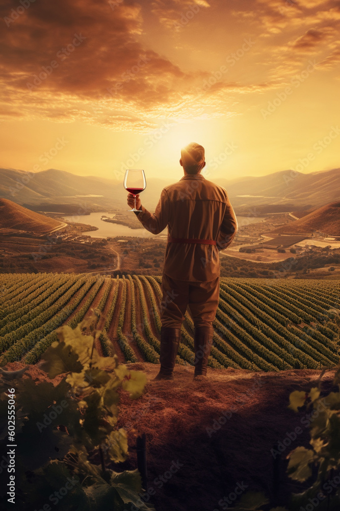 Poster A winemaker holding a glass of red wine against a backdrop of vineyards, representing the connection between the land and the final product. Generative AI technology