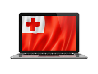 Tonga flag on laptop screen isolated on white. 3D illustration