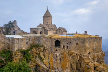 Aerial view of Tatev Monastery on cloudy autumn day. Tatev, Syunik Province, Armenia.