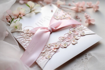 Beautiful wedding invitation envelope with pink ribbon and lace. Generative AI illustration