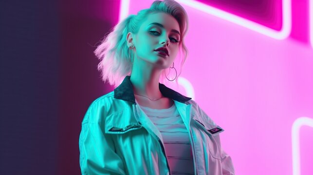 Portrait of beautiful young retro style girl. Vaporwave vivid bright background. AI generative image.