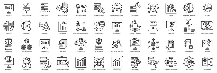 Simple set of data analysis related vector line icons.