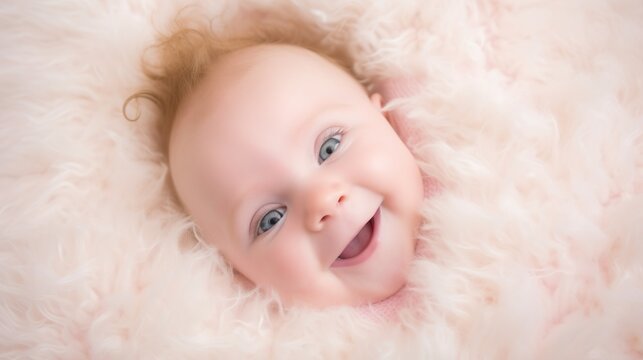 Happy adorable infant baby on fluffy fur background. Cute child. Cozy indoor illustration with copy space. AI generative image.