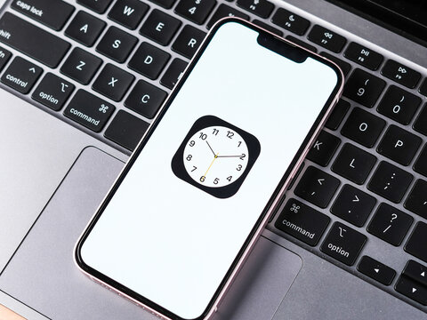 West Bangal, India - February 20, 2023 : Apple Clock app on phone screen stock image.