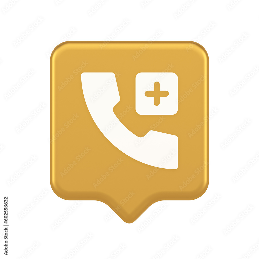 Poster call phone add emergency hotline service gold squared button 3d realistic speech bubble icon