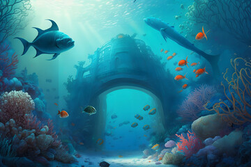 Underwater Ancient City Environtment, building or Architecture In Underwater