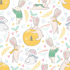 Fototapeta premium cute baby boy girl animals note room print textured hand made illustration seamless pattern whale rabbit bear ice deer