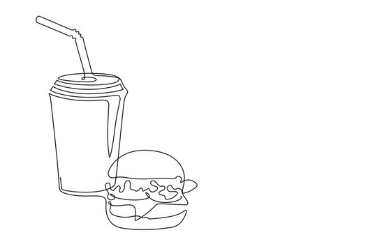 recommend clip art: Hamburger and soda, fast food with in continuous one line art drawing style. Set of street food. Single line. Takeaway junk food linear sketch for menu banner poster. Editable stroke illustration