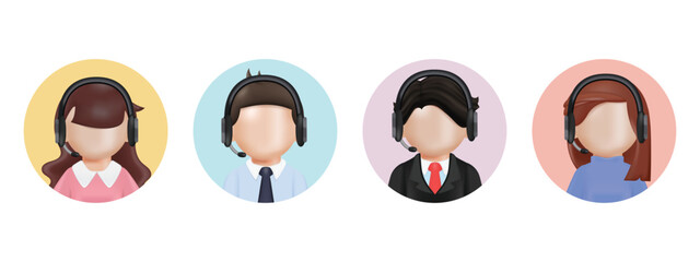 Call center agents avatars collection set. Call center, customer support, telemarketing agents. 3D render style icons set.