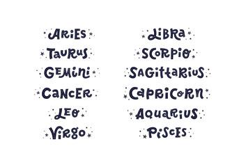Doodle hand lettering of zodiacal sings with stars on white background. Flat vector illustration EPS 10.