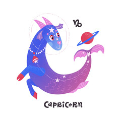 Capricorn horoscope character with zodiac sign and handlettering. Cute vector illustration EPS 10.
