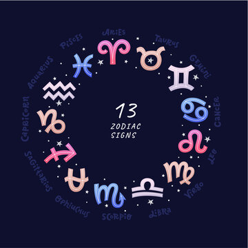 Color 13 sings of zodiac with stars and doodle hand lettering on deep blue background. Flat vector illustration  EPS 10.