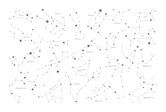 Different versions of zodiacal constellations on white background. Flat vector illustration EPS 10.